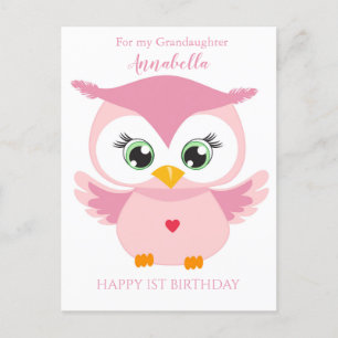 Kleindochter Eerste Verjaardag Schattige Roze Uil Briefkaart