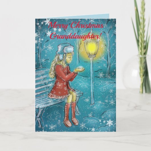 KLEINDOCHTER OP BANK KERSTMIS KAART (Voorkant)