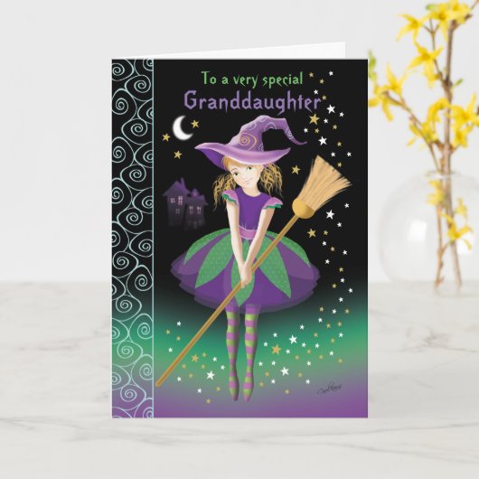 Kleindochter, Tween van Halloween Heks Kaart (Gele Bloem)