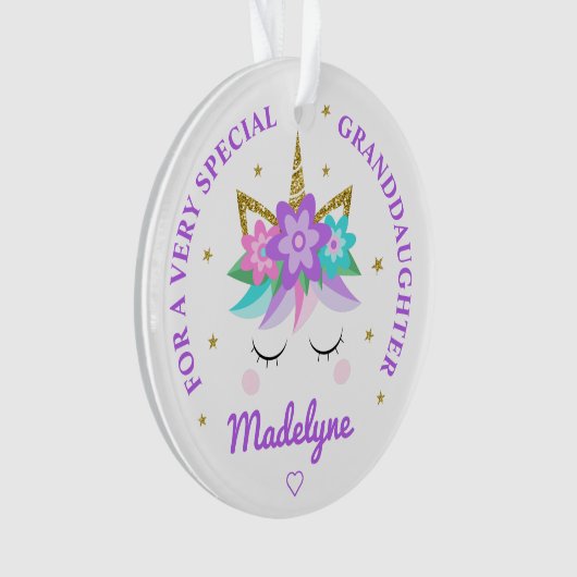 Kleindochter Unicorn Purple Flowers gepersonalisee Ornament (voorkant)