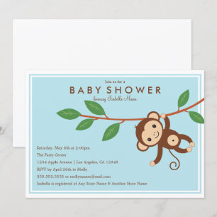 Kleine aap - Blauw   Baby shower Uitnodiging
