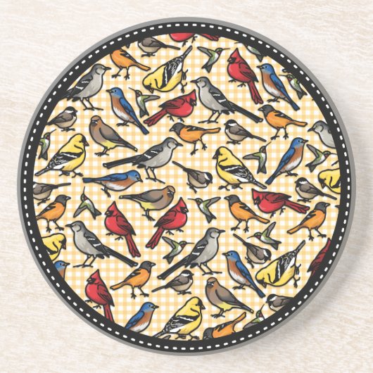Kleine achtertuin vogels op Gingham Zandsteen Onderzetter (Voorkant)