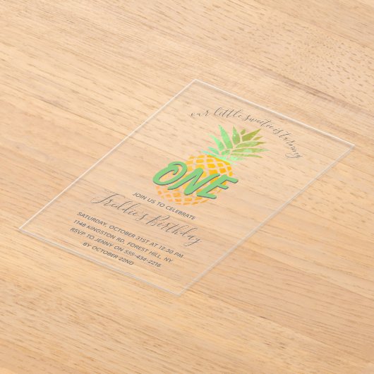 Kleine ananas 1e verjaardag acryl uitnodigingen (Laagn)