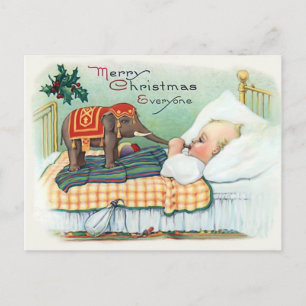 Kleine baby met olifant speelgoed, vintage Kerstmi Briefkaart