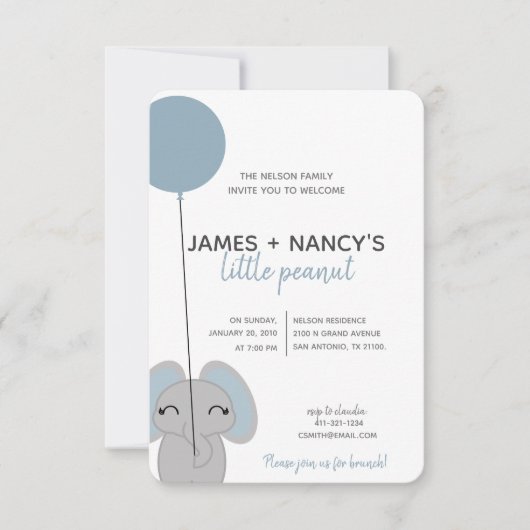 kleine BABY SHOWER blauwe olifant Kaart (Voorkant)