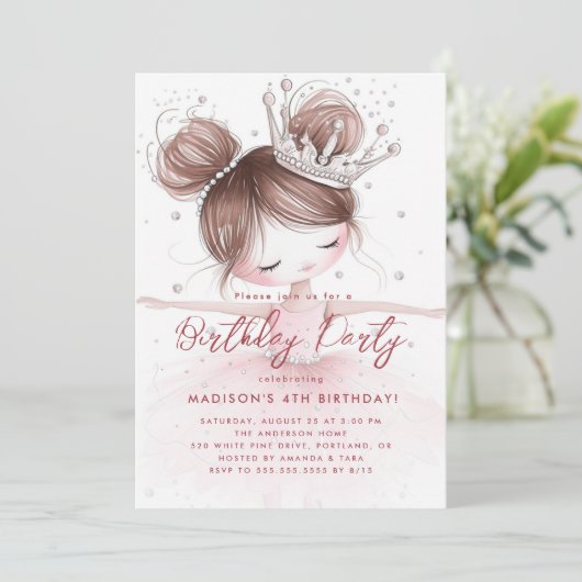 Kleine Ballerina met Crown Pink Verjaardagsfeest Kaart (Staand voorkant)
