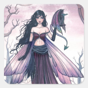 Kleine Beest Paarse Fee en Draak Fantasie Kunst Vierkante Sticker