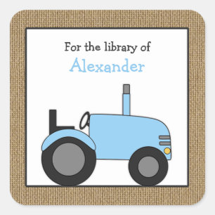 Kleine blauwe tractor bibliotheek bookplate vierkante sticker