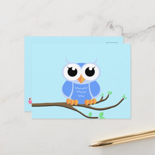 Kleine Blauwe Uil - Lege Ansichtkaart Briefkaart (Voorkant / Achterkant in situ)