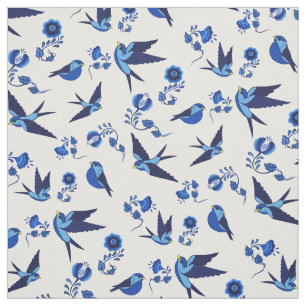 Kleine blauwe vogelvlucht, zittend, Folk florale a Stof