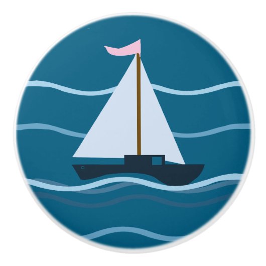 Kleine blauwe zeilboot keramische knop (Voorkant)