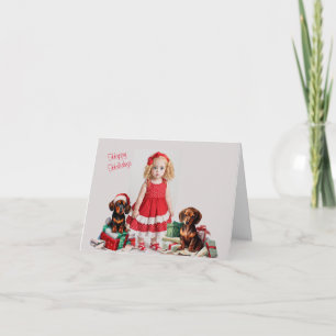 Kleine Blondine Meisje met Dachshund Kerstmis Kaart