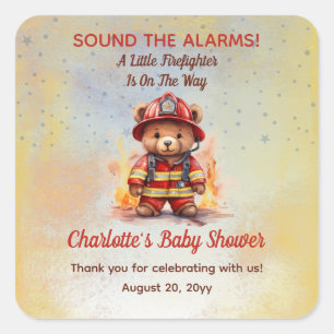 Kleine brandweerman teddybeer babyshower  vierkante sticker