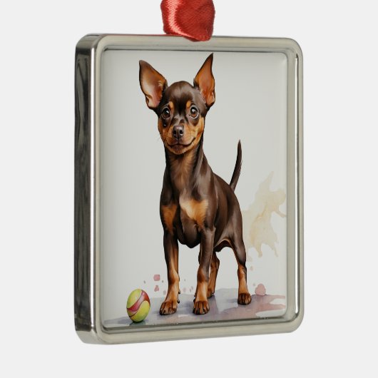 KLEINE BRUINE MINIATUUR PINSCHER HOND METALEN ORNAMENT (Rechts)
