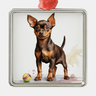 KLEINE BRUINE MINIATUUR PINSCHER HOND METALEN ORNAMENT