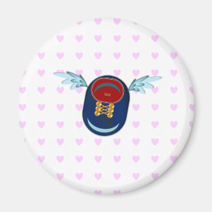 Kleine cartoon met schil en roze harten magneet