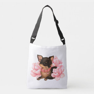 Kleine chihuahua-hond met roze bloemen crossbody tas
