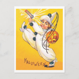 Kleine clown jongen viert Halloween, vintage Briefkaart