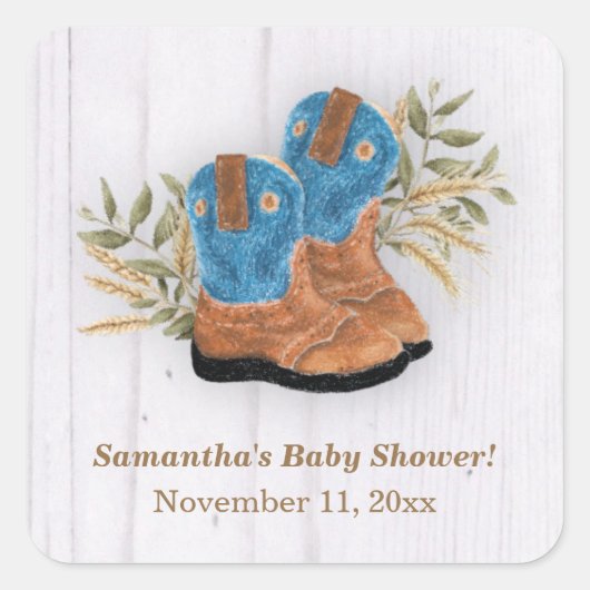 Kleine Cowboy Bootie Baby shower Wit Hout Vierkante Sticker (Voorkant)