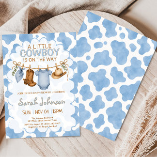 Kleine Cowboy Jongen Blauwe Koeienprint Baby Showe Kaart