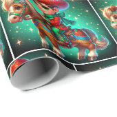 Kleine cowboy met kerstkostuum op paard cadeaupapier (Rol Hoek)