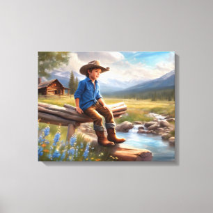 Kleine cowboy op het hek jongen's slaapkamer kunst canvas afdruk