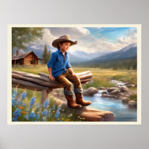 Kleine cowboy op het hek jongen's slaapkamer kunst poster