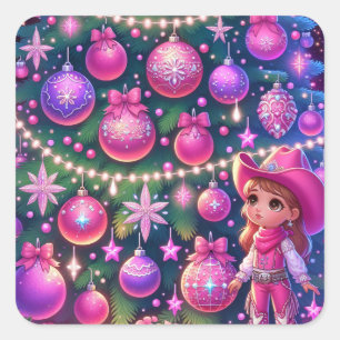 Kleine cowgirl staan voor boom kerst vierkante sticker