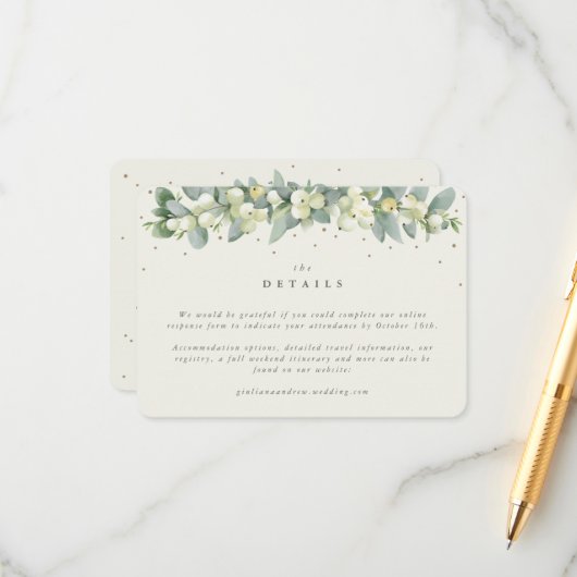 Kleine Crème Snowberry + Eucalyptus bruiloft detai Informatiekaartje (Voorkant / Achterkant in situ)