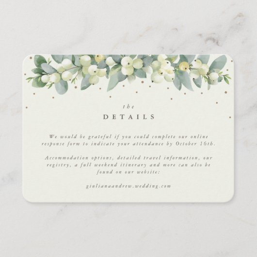 Kleine Crème Snowberry + Eucalyptus bruiloft detai Informatiekaartje (Voorkant)