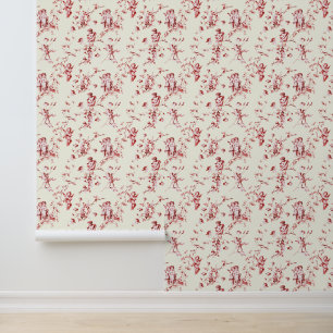 Kleine Cupid Angels Bloemen Rood Ivoor Toile Behang