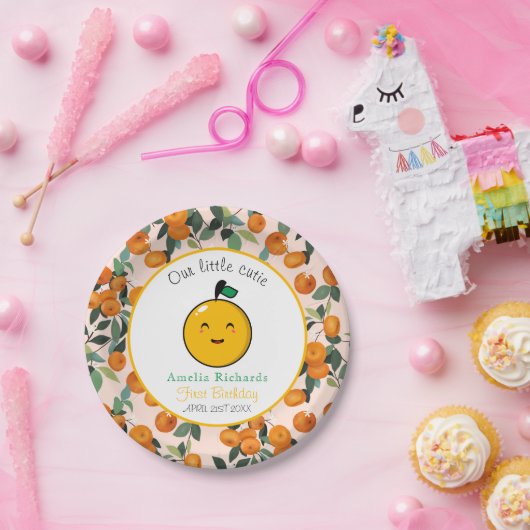 Kleine Cutie Sinaasappel Citrus 1e Verjaardag Papieren Bordje (Feest)