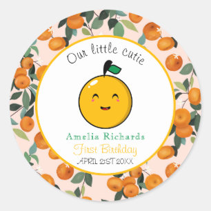 Kleine Cutie Sinaasappel Citrus 1e Verjaardag Ronde Sticker