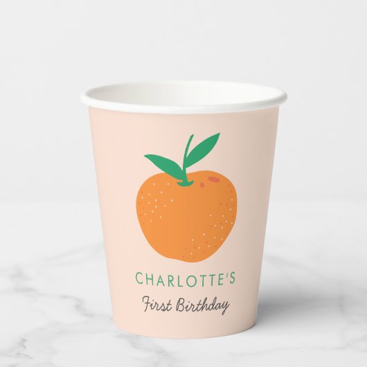 Kleine Cutie Sinaasappel Eerste Verjaardagspapier  Papieren Bekers (Achterkant)