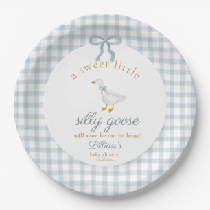 Kleine domme gans strik baby shower blauwe gingham papieren bordje