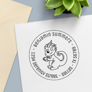 Kleine draak met een Ronde van de Teacup Adres Zelfinktende Stempel