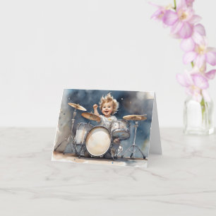 Kleine Drummer Jongen Waterverf Illustratie Blanco Kaart
