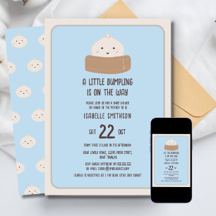 Kleine Dumpling Op Weg Blauwe Baby Shower Kaart