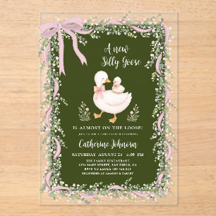 Kleine Dwaze Gans Salie Groen Roze Strik Baby Show Acryl Uitnodigingen