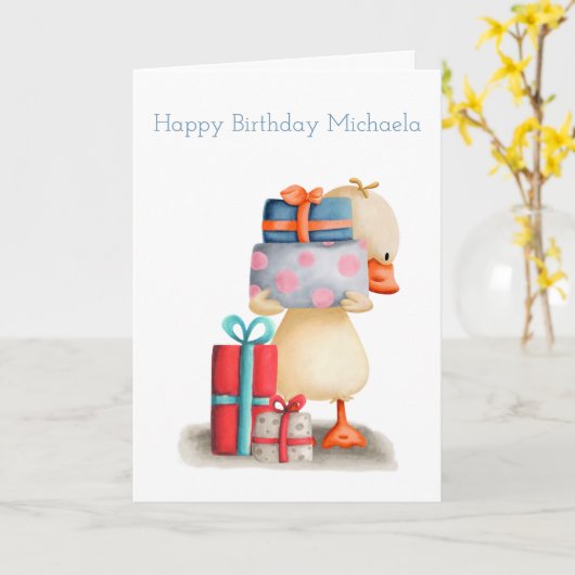 Kleine eend met cadeaus gepersonaliseerd op Birthd Kaart (Gele Bloem)