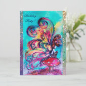 KLEINE ELF VAN PADDENSTOELEN, roze geel blauw glin Aankondiging (Staand voorkant)