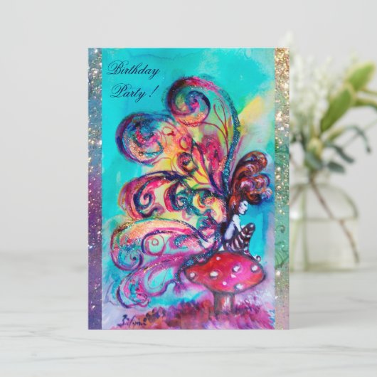 KLEINE ELF VAN PADDENSTOELEN, roze geel blauw glin Aankondiging (Staand voorkant)