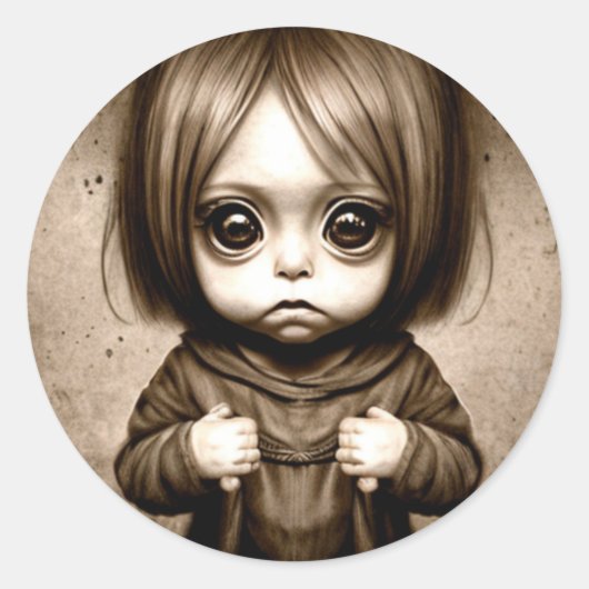 Kleine Enge Kind Met Grote Ogen Chibi Ronde Sticker (Voorkant)
