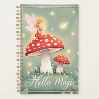 Kleine fee neergestreken op de top van paddenstoel planner