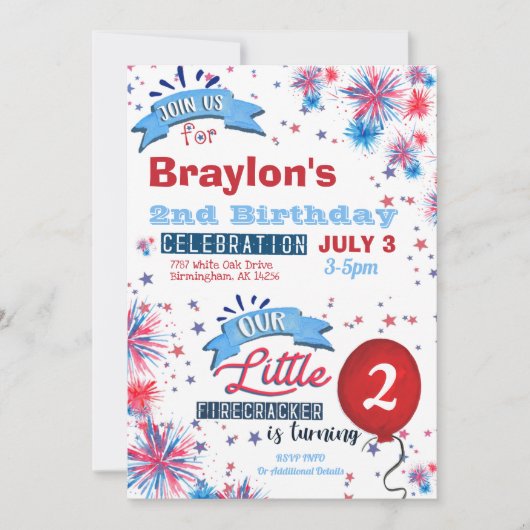 Kleine Firecracker 2e verjaardag uitnodiging (Voorkant)