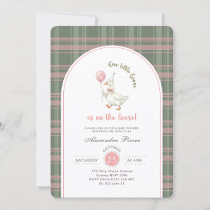 Kleine Gans Roze Strik Geruite Baby Shower Kaart