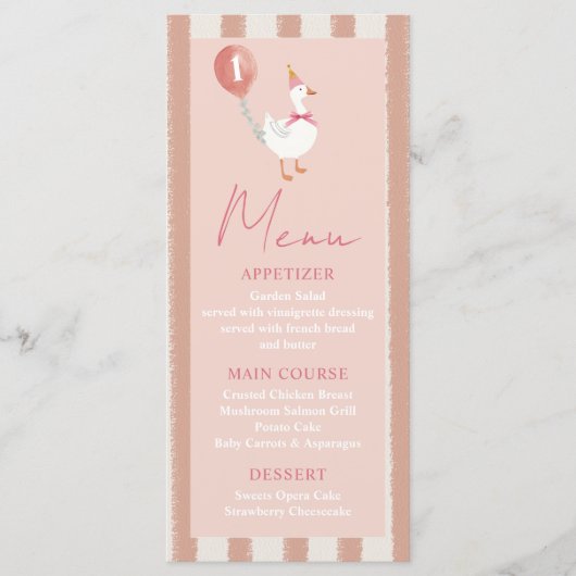 Kleine Gekke Gans Roze Ballon Meisje 1e Verjaardag Menu (Voorkant)