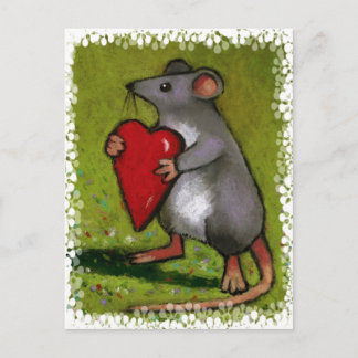 Kleine grijze muis met rood hart: Oliepastel Briefkaart