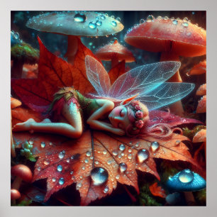 Kleine grillige fee die slaapt op een blad poster