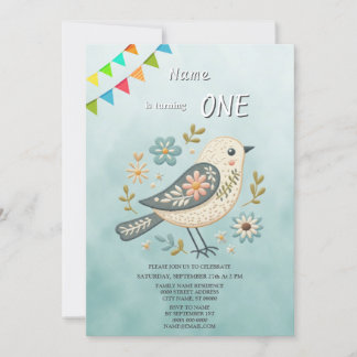 Kleine Groene Vogel Bloemen Verjaardagsfeest Uitno Kaart
